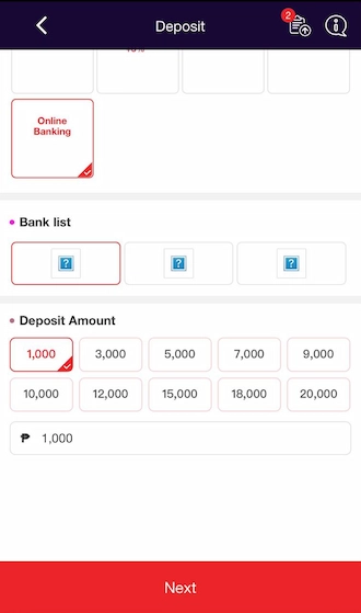 Step 2: Select the amount you want to deposit and click "NEXT" to move to the next step.