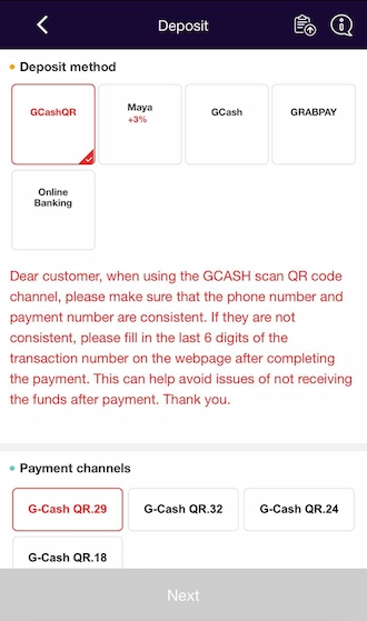 Step 2: Select the GCash deposit method. Then select one of the appropriate GCash payment channels.