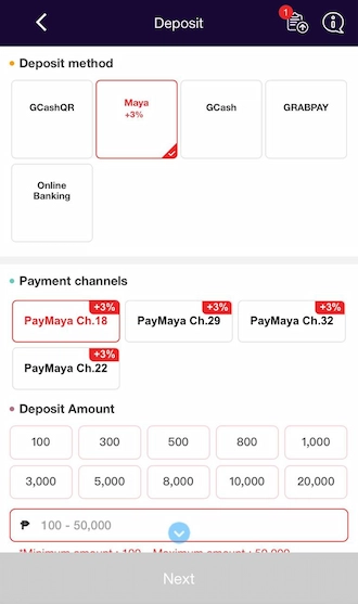 Step 1: Go to our Deposit interface and select Maya as the deposit method. Then select a recommended Maya payment channel.