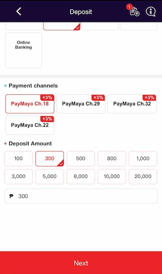 Step 2: Please fill in the amount you want to deposit into your betting account and click "NEXT" to proceed to the next payment step.