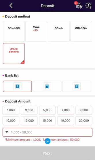 Step 1: Members access the Deposit interface and select Online Banking as the deposit method.