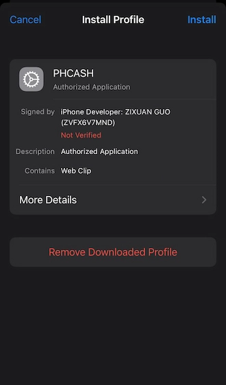 Step 4: Players go to the settings of the iPhone and select device management and VPN. Then select the PHCASH profile and click "Install" this profile.