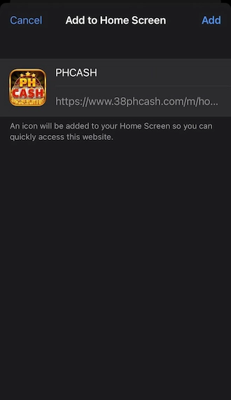 Step 3: In the "Add to Home Screen" interface, the PHCASH application icon will appear. Click on "Add" in the top right corner.