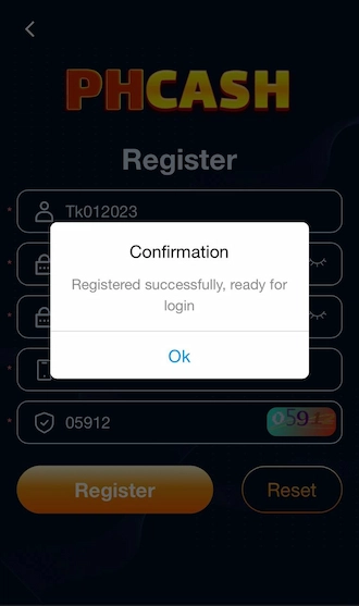 Step 3: Complete your account registration at PH CASH casino by clicking on “Register”.