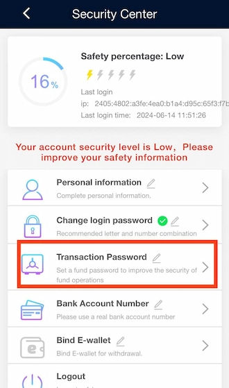 Step 1: PH CASH login your betting account. After, go to "Security Center" and select the "Transaction Password" option.